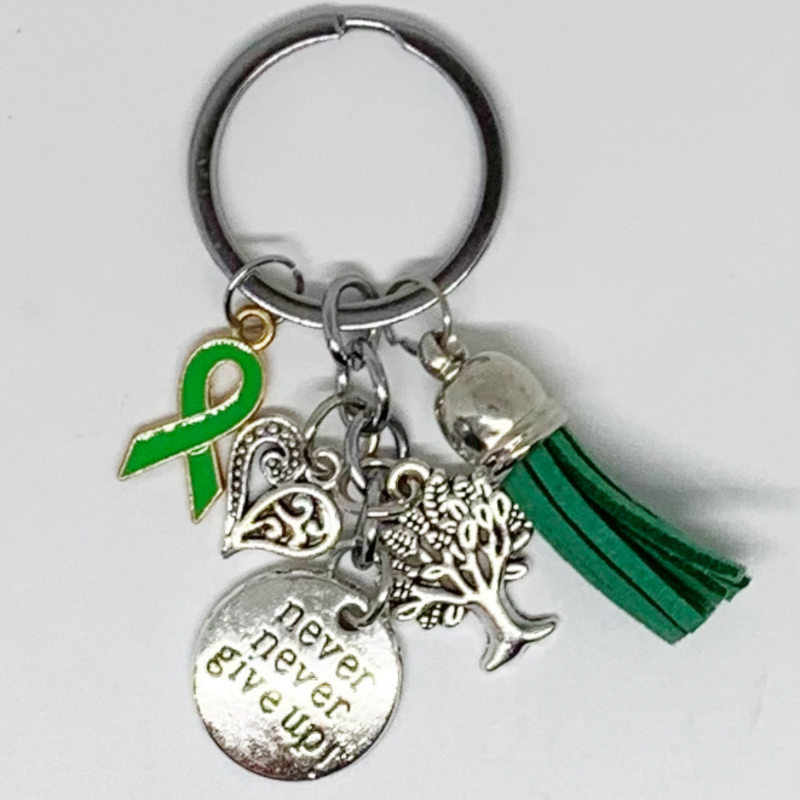 Never Give Up Awareness Keychain - Green Ribbon and Tassel (Copy)