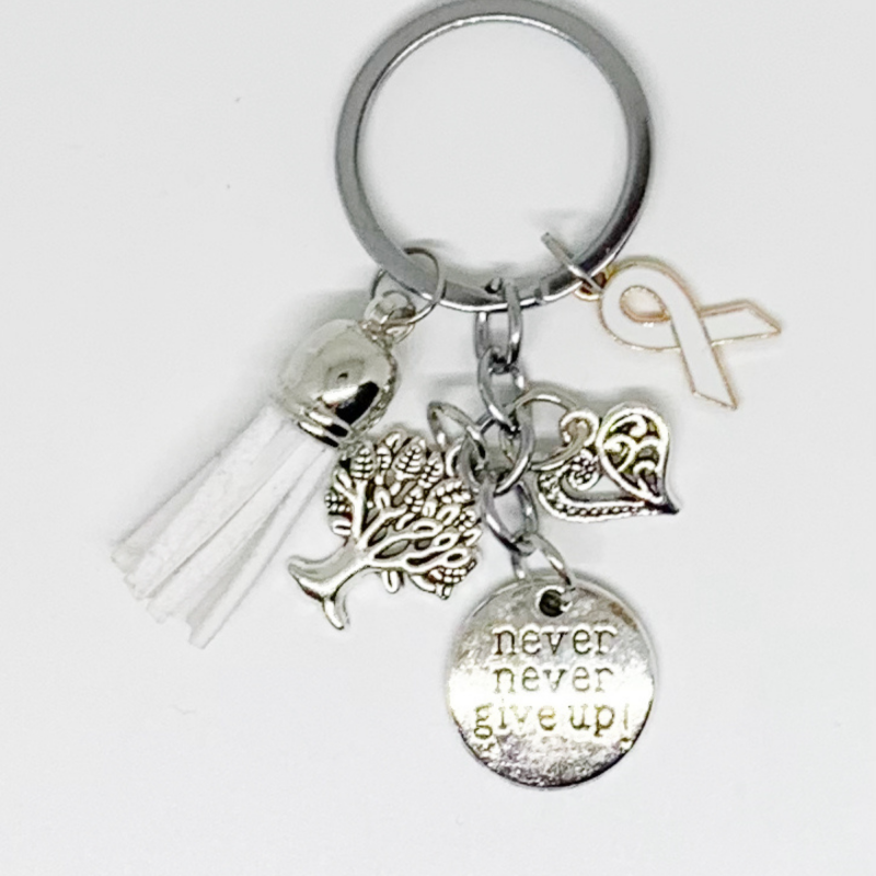 Never Give Up Awareness Keychain - White Ribbon and Tassel
