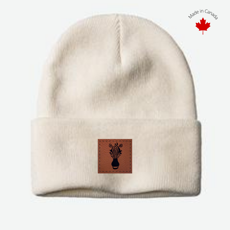 White Beanie with Faux Leather Patch
