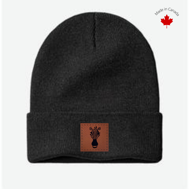 Black Beanie with Faux Leather Patch