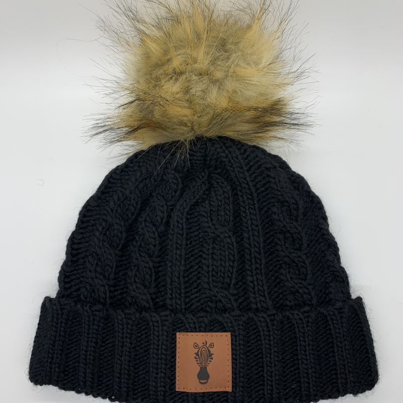 Women's Faux Fur Pom Black Beanie