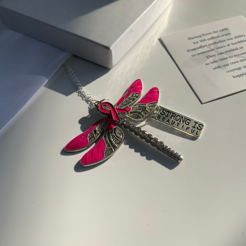 Pink Dragonfly Strong is Beautiful Awareness Pendant