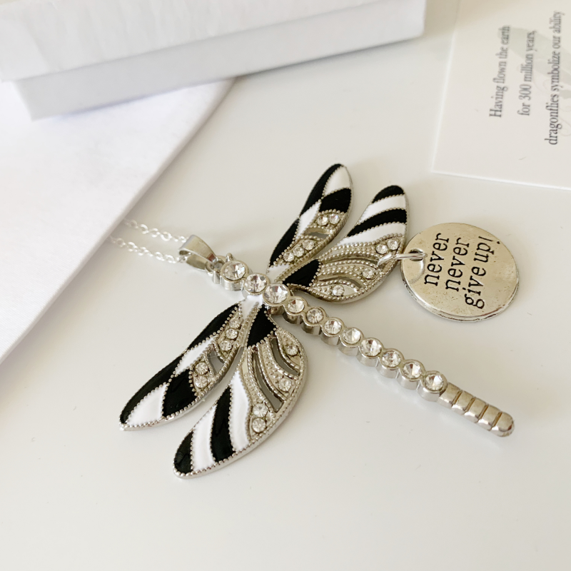 Zebra Dragonfly Never Give Up Pendant