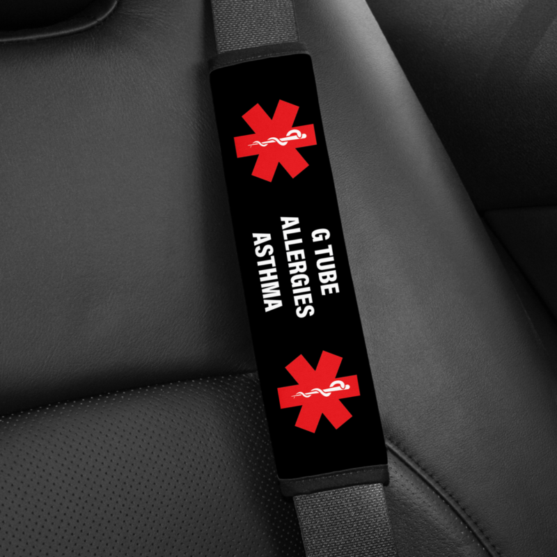 Personalized Medical Alert Seat Belt Cover  -G-Tube Black Background