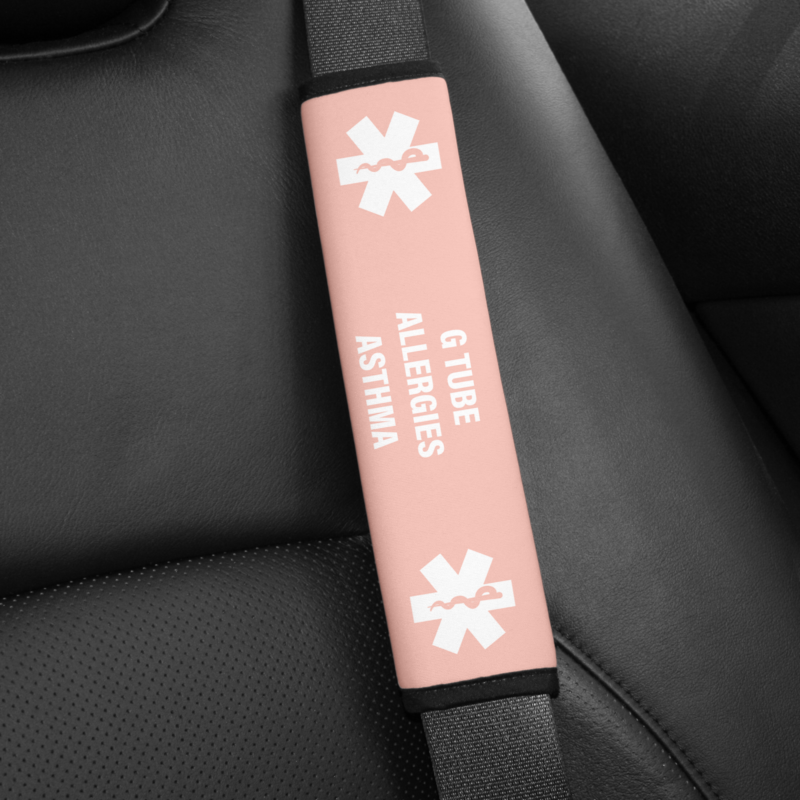 Personalized Medical Alert Seat Belt Cover  -G-Tube Pink Background