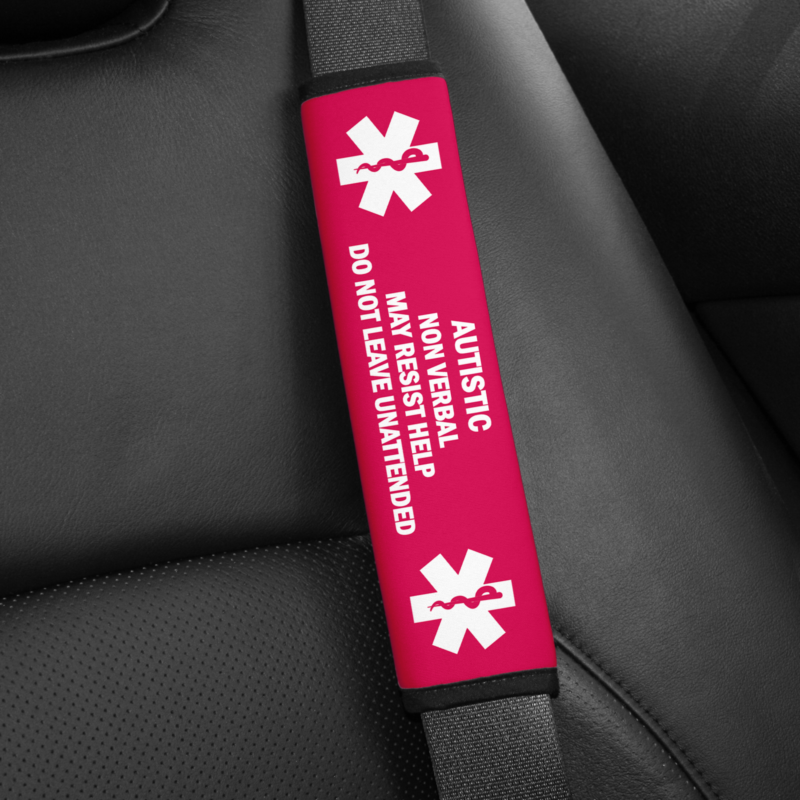 Personalized Medical Alert Seat Belt Cover  -Autism Bright Pink Background